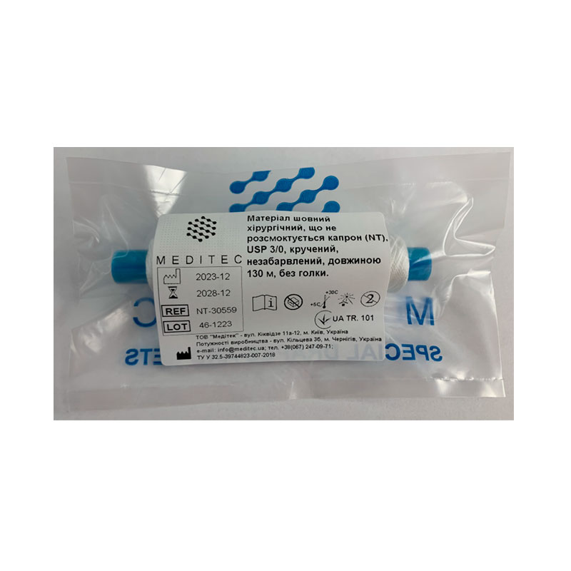 Матеріал шовний хірургічний, що не розсмоктується поліамід, USP 3/0 кручений, білий, довжиною 130 м, без голки.